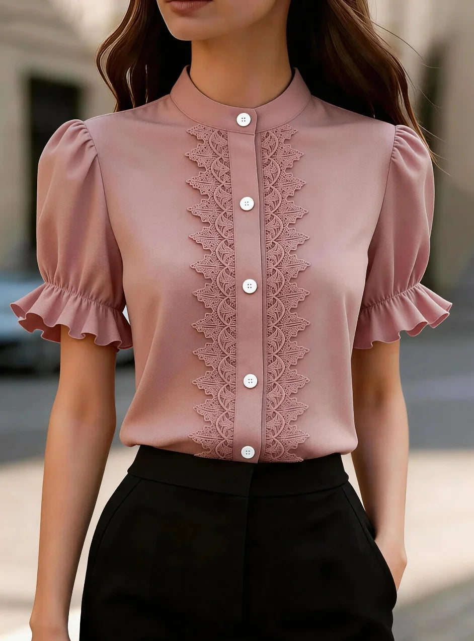 Ingvn  Women Lace Trim Puff Sleeve Blouse Ruffle Short Sleeve Button Down Shirt Top Casual Office Wear
