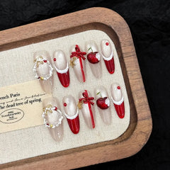 Ingvn  10pcs Christmas Finger Nails Press on With Tools Red Cat Eye French False Nails Aesthetic 3D Bow Long Almond Fake Press on Nails