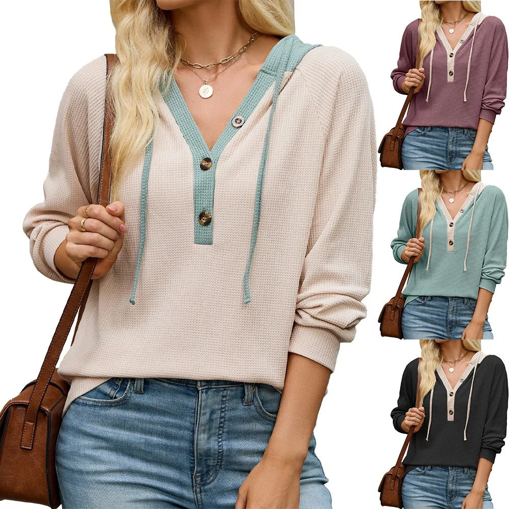 Ingvn  autumn/winter new solid color hooded button loose long sleeved hoodie for women Long-sleeved Sweatshirt for Women