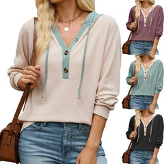 Ingvn  autumn/winter new solid color hooded button loose long sleeved hoodie for women Long-sleeved Sweatshirt for Women
