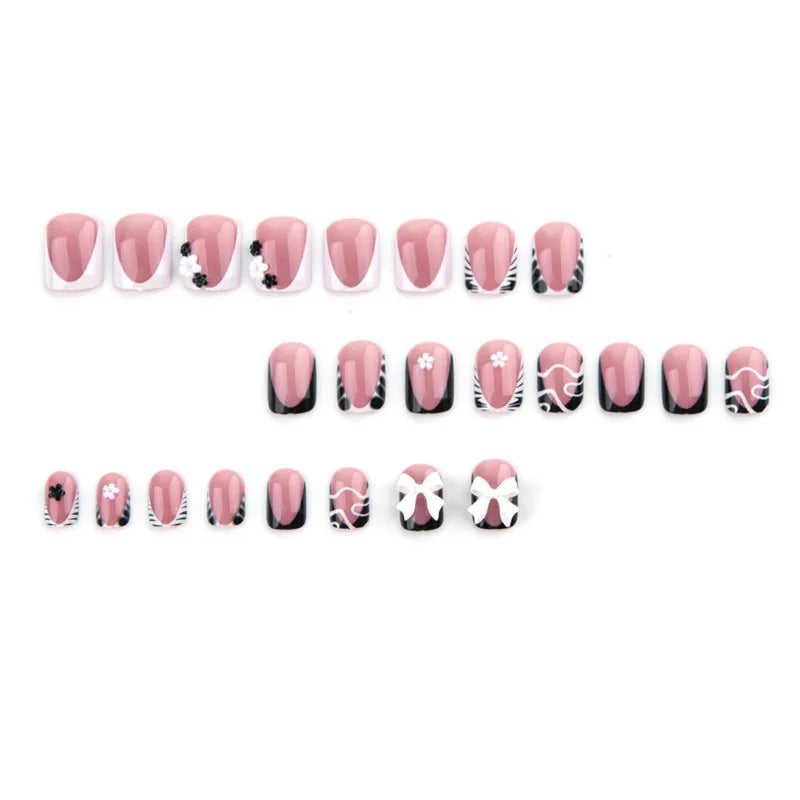 Ingvn  24pcs Short Square Acrylic Press on Nails with Design Zebra French Tip Duck Set of False Nails with Tools Realistic Wear Nail