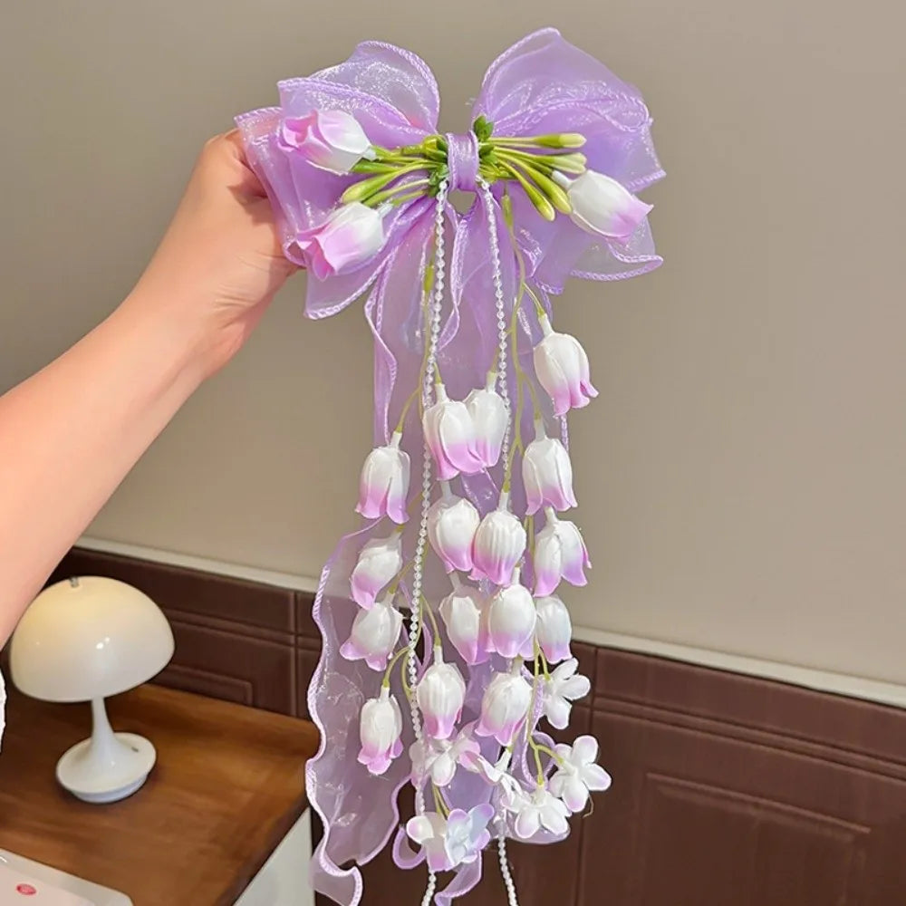 Ingvn  New Bell Orchid Ribbon Hair Clip Large Bow Soft Mesh Hair Barrettes Long Ribbon Tassel Design Bow Hair Clip For Girls