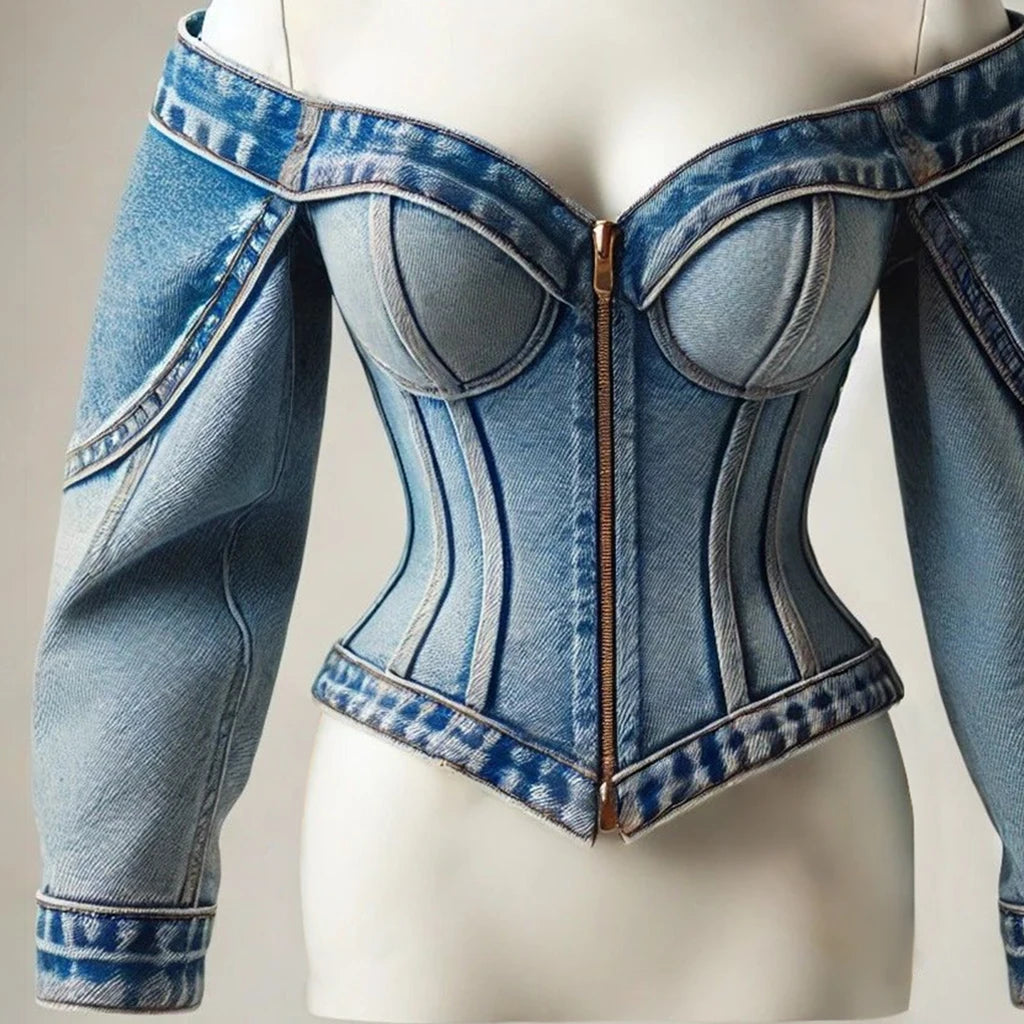Ingvn  Y2k Denim Top Women Elegant Off The Shoulder Zip Up Cardigan Short Slim Fit Long Sleeve Shirt Female Blouse Jacket