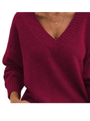 Ingvn - New Long Sleeve Plus Size Pullovers Knitted Sweater Women Casual Loose Red Sweaters V Neck Autumn Winter Clothes Bottoming Tops