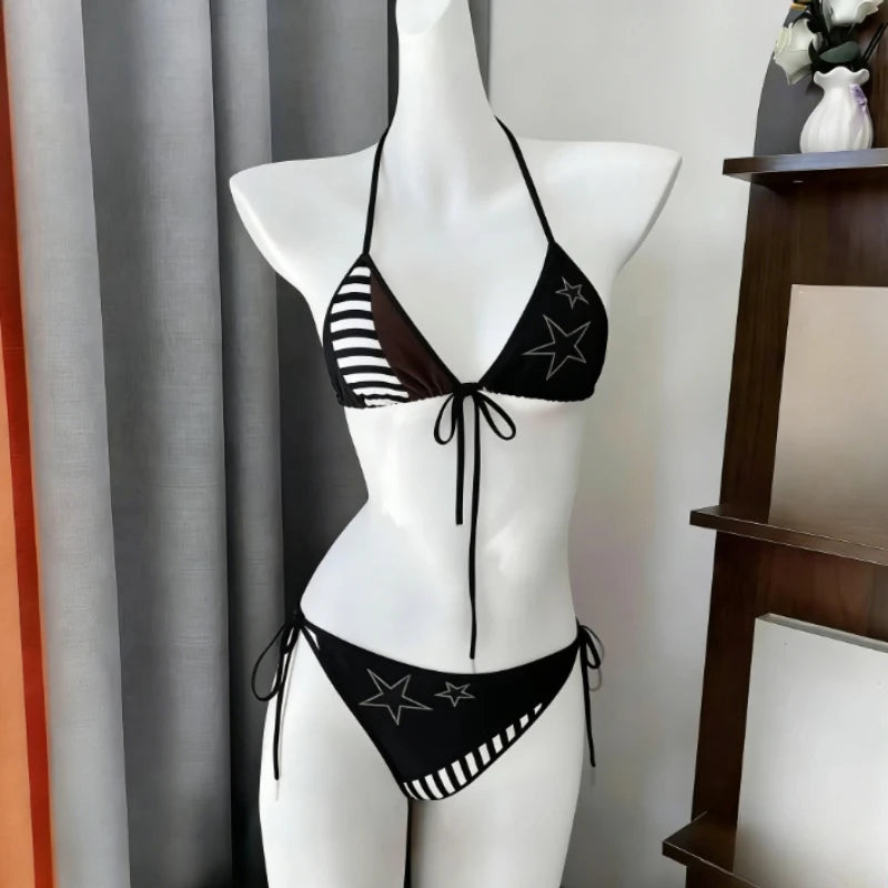 Ingvn  Women's Cute Floral Print Bikini Set Halter Strap Two Piece Swimsuit Ruffle Trim Backless Beachwear Summer Fashion Bathing Suit