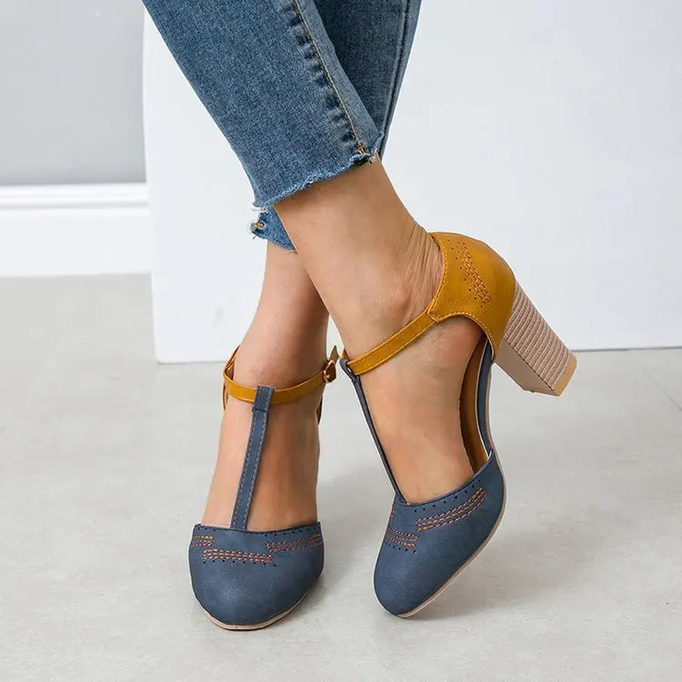 Ingvn  Ladies' Sandals Heel High Shoes Pumps Square Ladies Platform Round Toe T-tied Square Heel Wedding Dress Shoes Casual Rome Pumps