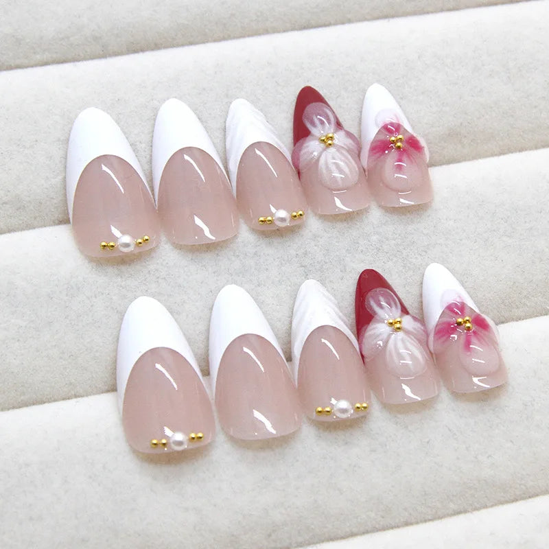 Ingvn  24pcs Cheap press on Nails White Sweet False Nails for Girls 3d Flower Almond Self-adhesive Fake Nail with Glue Glued Nails