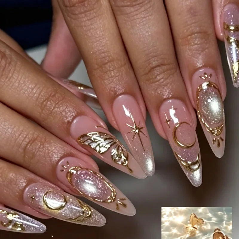 Ingvn  24Pcs Stiletto Nails Press on Long Purple Gradient Butterfly Moon Pattern Fake Nail Tips Detachable Glitter Almond False Nails