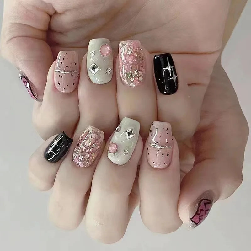 Ingvn  24Pcs Pink Ballet Fake Nails Full Cover Nail Tips Long Ballet False Nails with Rhinestone Chain Design Wearable Press on Nails