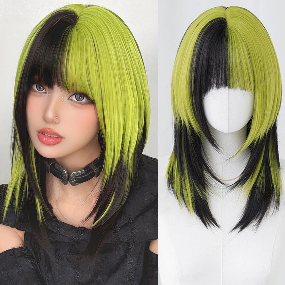 Ingvn  ﻿ Short Brown Straight Synthetic Wig with Bangs Curly Hair Pink Green Lolita Wigs for Women Daily Party Cosplay Christmas Wig