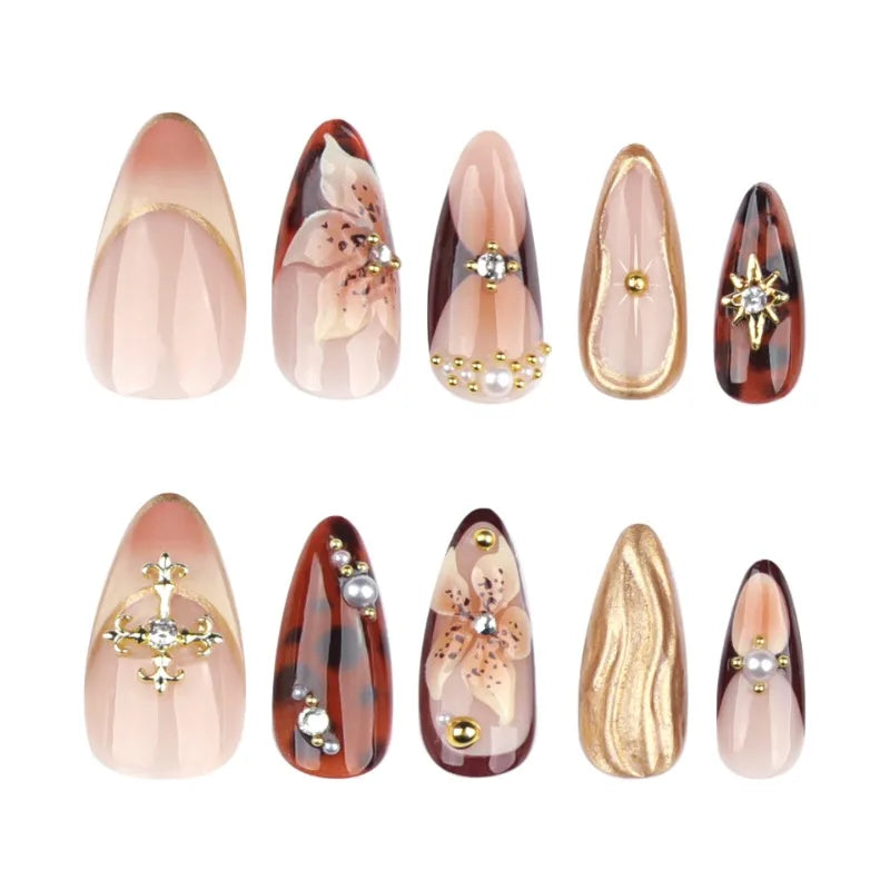 Ingvn  24 Pcs 3d Flowers False Nails To Stick Long Beautiful nail Tips Almonds Nails Press Ons for Women Holiday Prosthetic Nail Set