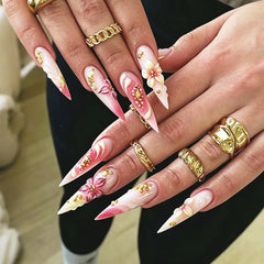 Ingvn  24Pcs Stiletto Nails Press on Long Purple Gradient Butterfly Moon Pattern Fake Nail Tips Detachable Glitter Almond False Nails