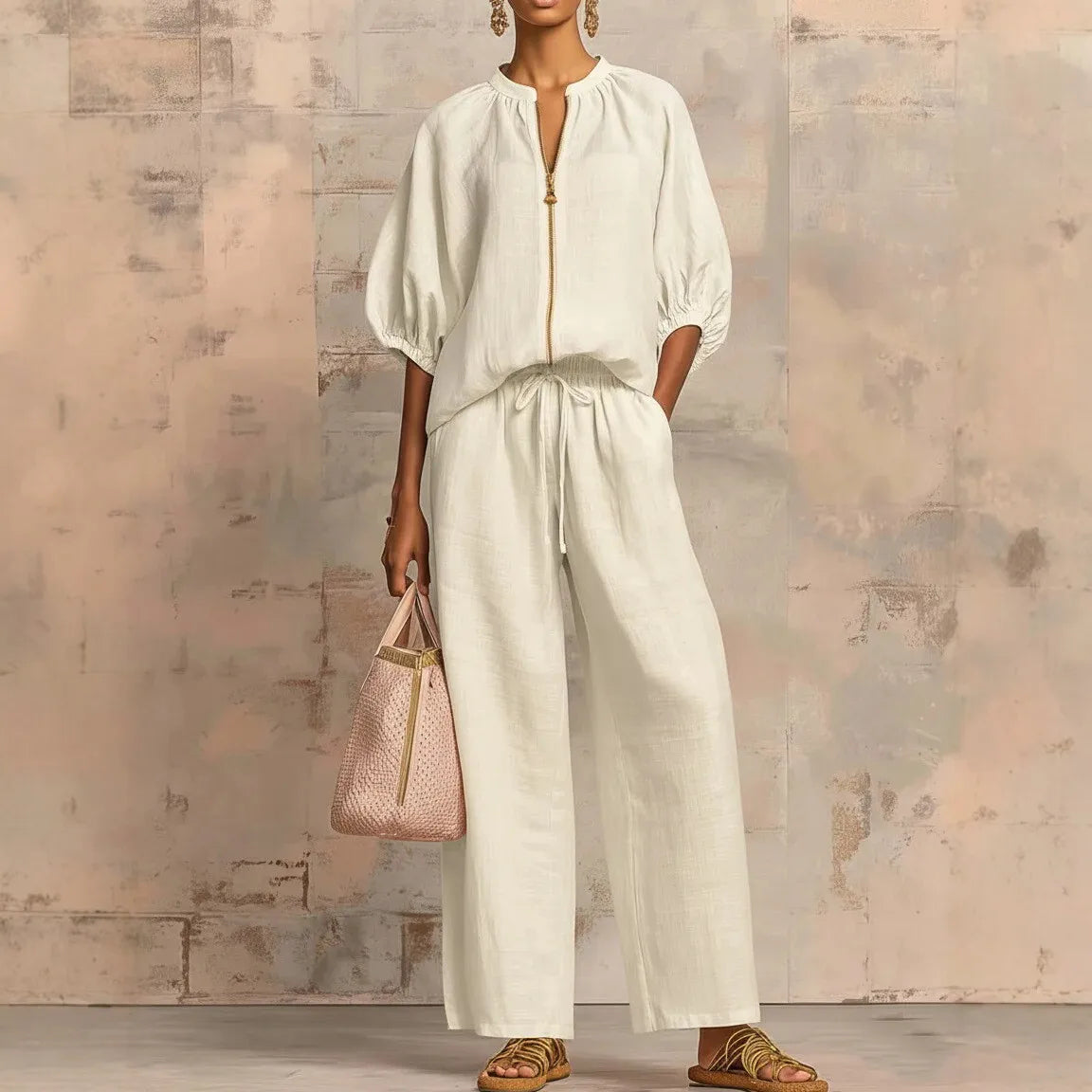 Ingvn  Womens Matching Sets Summer Casual Loose Zipper Tops And Wide Leg Pants 2 Piece Set Outfits Women Elegant