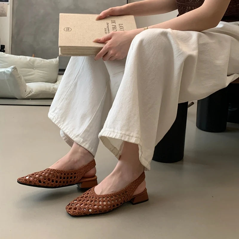 Ingvn  New Women Hollow Out Woven Mary Jane Low Heels Breathable Mesh Slip on Casual Summer Beach Women Shoes