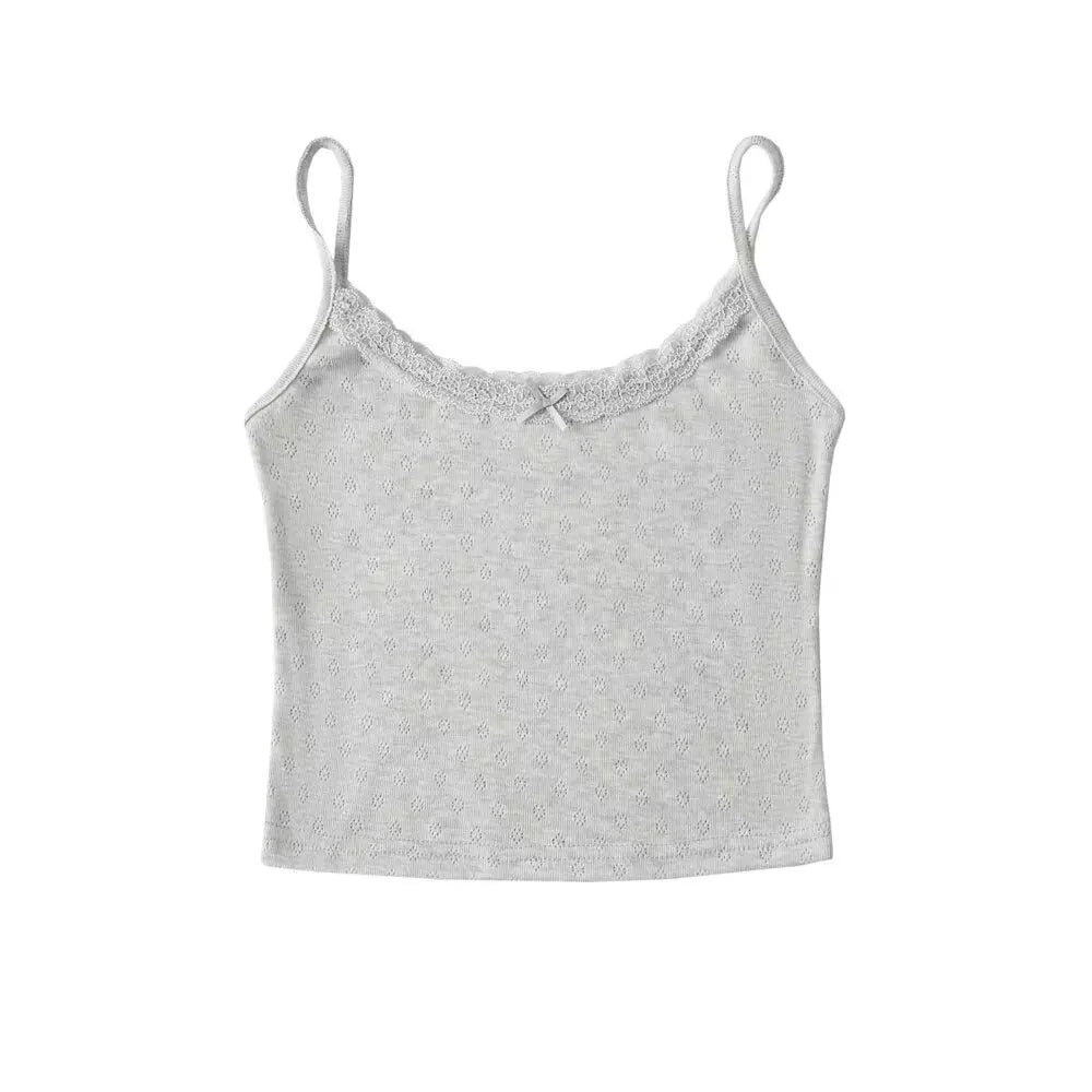 Ingvn  4 colors Sexy Women White Bow O neck Knitted Hollow Out hole Tank Top Slim T-shirts Summer Girl Base Camisole Crop top