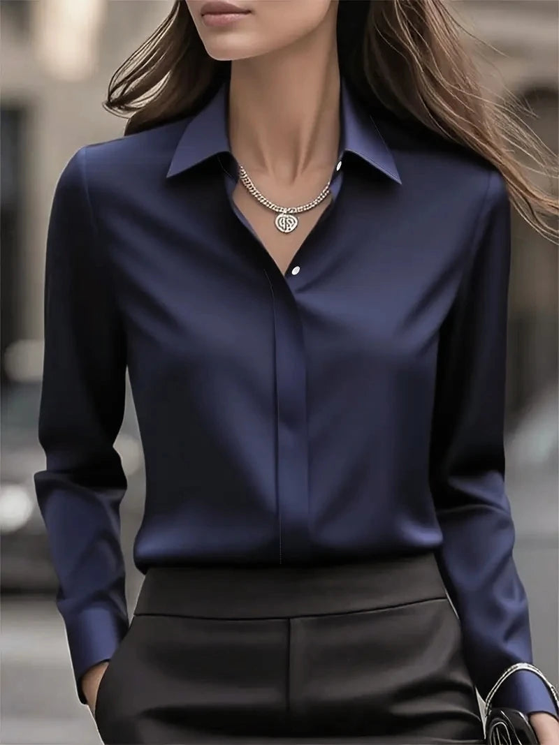 Ingvn  Autumn Solid Color Long Sleeve Lapel Satin Women's Blouse