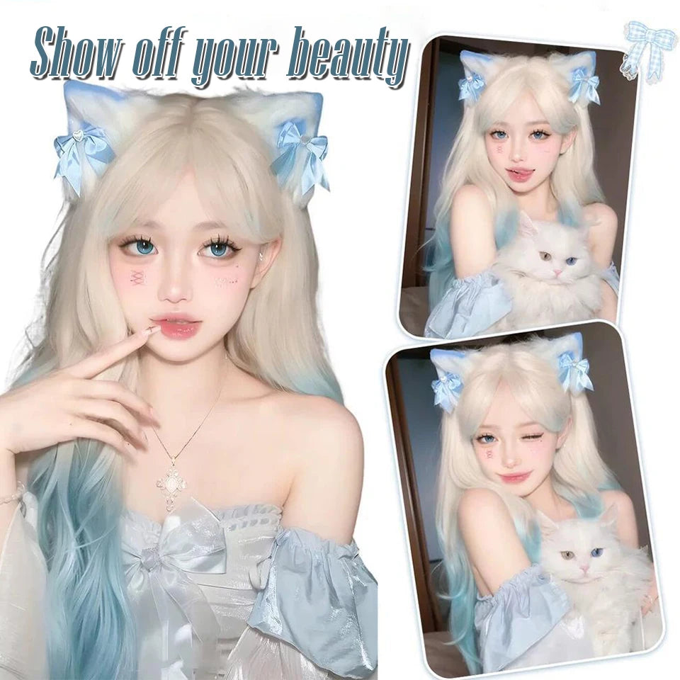 Ingvn - Long Wavy Platinum Gradient Blue Wig Synthetic Pink Green Lolita Wigs for Women Daily Cosplay Wig Halloween Costume Wig