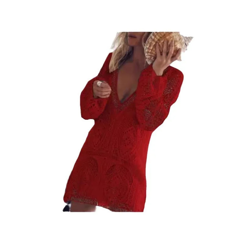 Ingvn  Summer Women's Clothing Sheer Lace V Neck Long Sleeve Beach Cover Up Dress For Woman Polyester Boho Tunic With Puff Sleeves