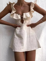 Ingvn  Holiday Retro Mini Beach Dress for Women Summer  New Fashion Sexy Ruffled Strap Dress Women Hollow Out Short Dress Vestidos