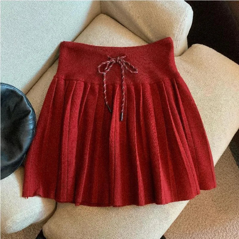 Ingvn - Women's Autumn Winter High Waist Drawstring Knit Pleated Mini Skirt Sporty Versatile Chic Streetwear Cozy