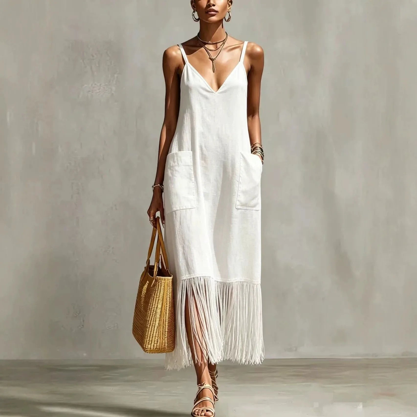 Ingvn  Women's Sleeveless V Neck Tassel Long Dress Fringe Hem Summer Casual Loose Dress  Strap Vacation Sundress with Pockets