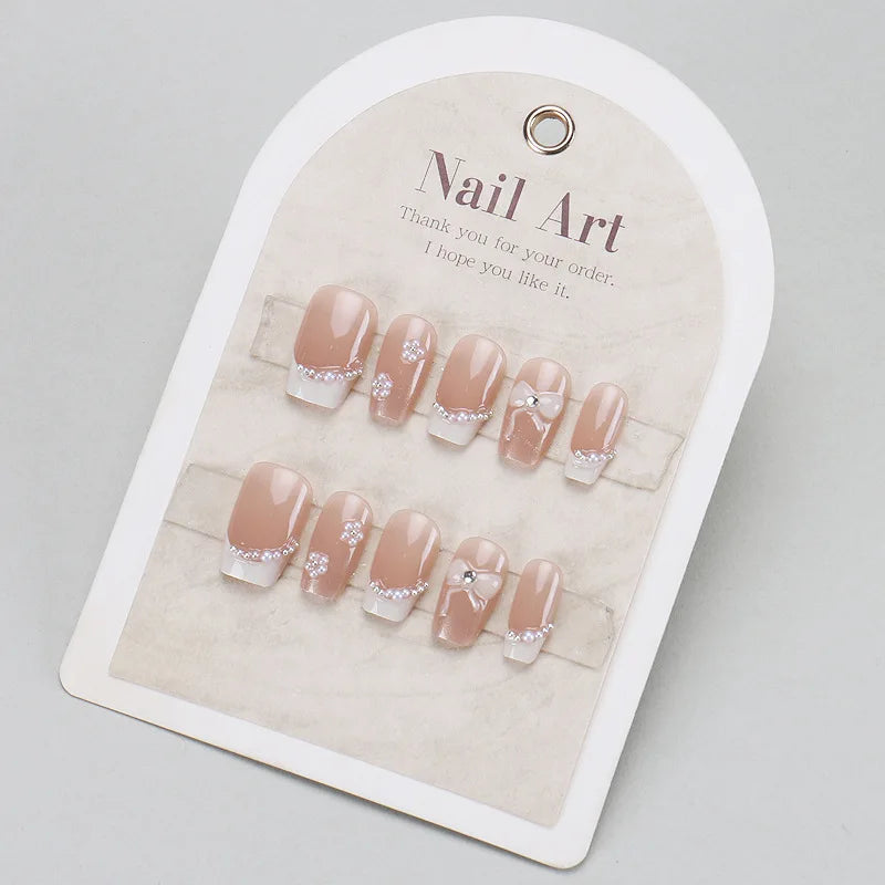 Ingvn  24pcs 3D Flower Bow Fake Nails French Nail Art Square Medium Short False Nails for Gluing Cheap sweet Press on Nails Wholesale