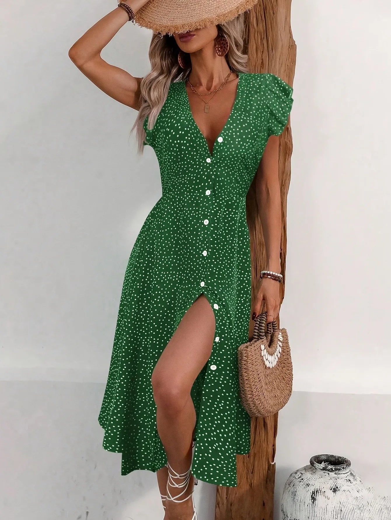 Ingvn  Women's Polka Dot Midi Dress - Deep V Neck Puff Sleeve Split Casual Dress