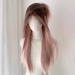 Ingvn  ﻿Long Wavy Ombre Pink Lolita Wig Synthetic Natural Cosplay Small Area Lace Wig Halloween Party Costume Wig for Women Daily Wear