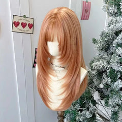 Ingvn - Long Wigs With Bangs Synthetic Natural Straight Layered Fake Hair Party Fluffy Lolita Cosplay Brown Wigs For Women Daily Use