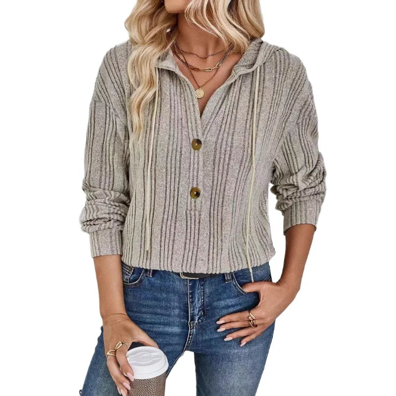 Ingvn - Women's Striped Ribbed Hooded Blouse Half Button Loose Long Sleeve Casual Daily Wear Pullover Top