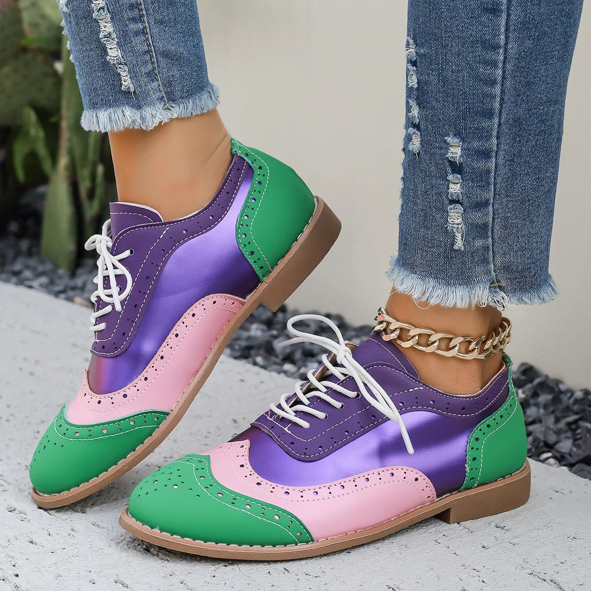 Ingvn  Big Size Shoes Woman Round Toe Female Footwear British Style Oxfords Mixed Colors Low Heels Casual Sneaker New DressSingle Shoes