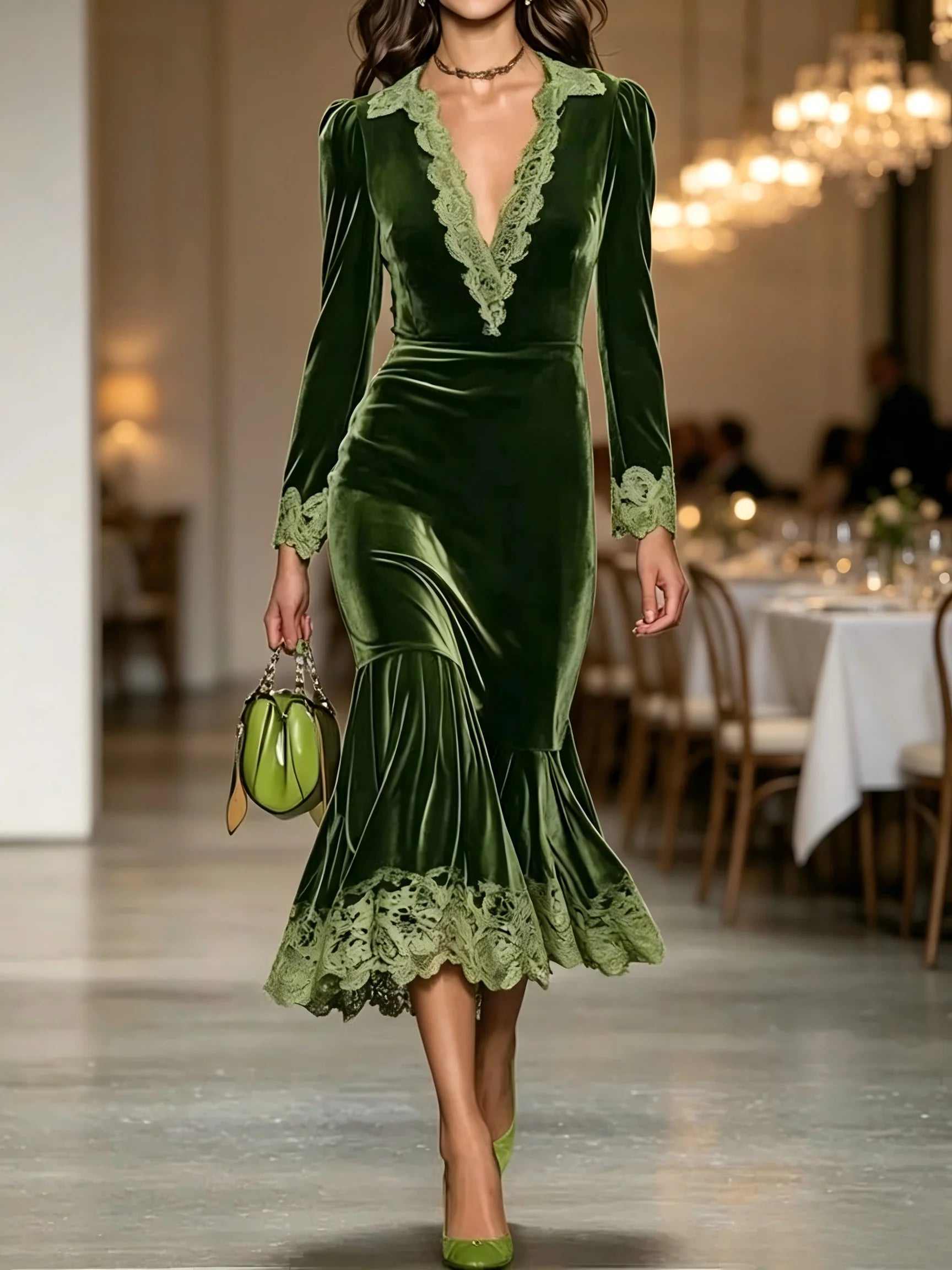 Ingvn - Autumn Winter Velvet Dress for Women Solid Long Sleeves V Neck Lace Trim Maxi Dress Elegant Mermaid Skirt Party Evening Dresses