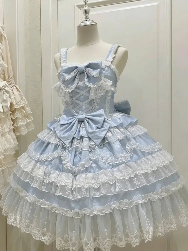 Ingvn  Japanese Harajuku Sweet Strap Lolita Dress Women Y2K Vintage Lace Bow Ruffle Cake dress Slim Bandage Summer Daily Stylish