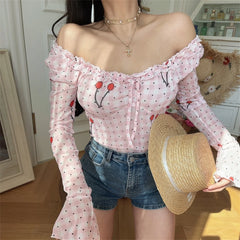 Ingvn  Chenopod Original Spring Summer Elastic Lace Bell Sleeve Shirt French Style Slim Fit Polyester Fiber Long Sleeve Breathable S...