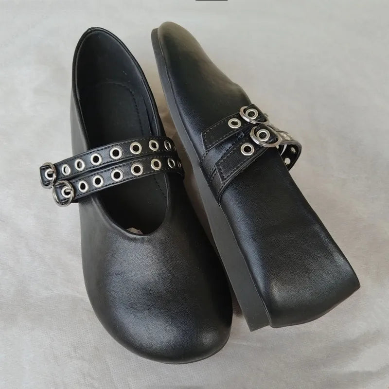 Ingvn  Fashion Rivet Strap Buckle PU Women Ballet Flats Comfor Soft Soles Spring Autumn Lazy Loafers Casual Girls Dance Shoes