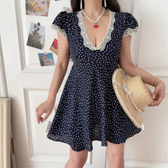 Ingvn  Chenopod Spring Summer Lace V-neck Bubble Sleeve Polka Dot Waist-cinching Holiday Dress Short A-line Skirt French Style Polye...