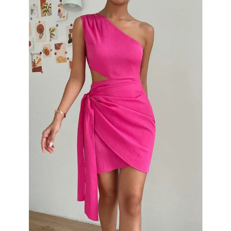 Ingvn  Women's One Shoulder Cutout Wrap Mini Dress Tie Waist Bodycon Party Dress Elegant Clubwear