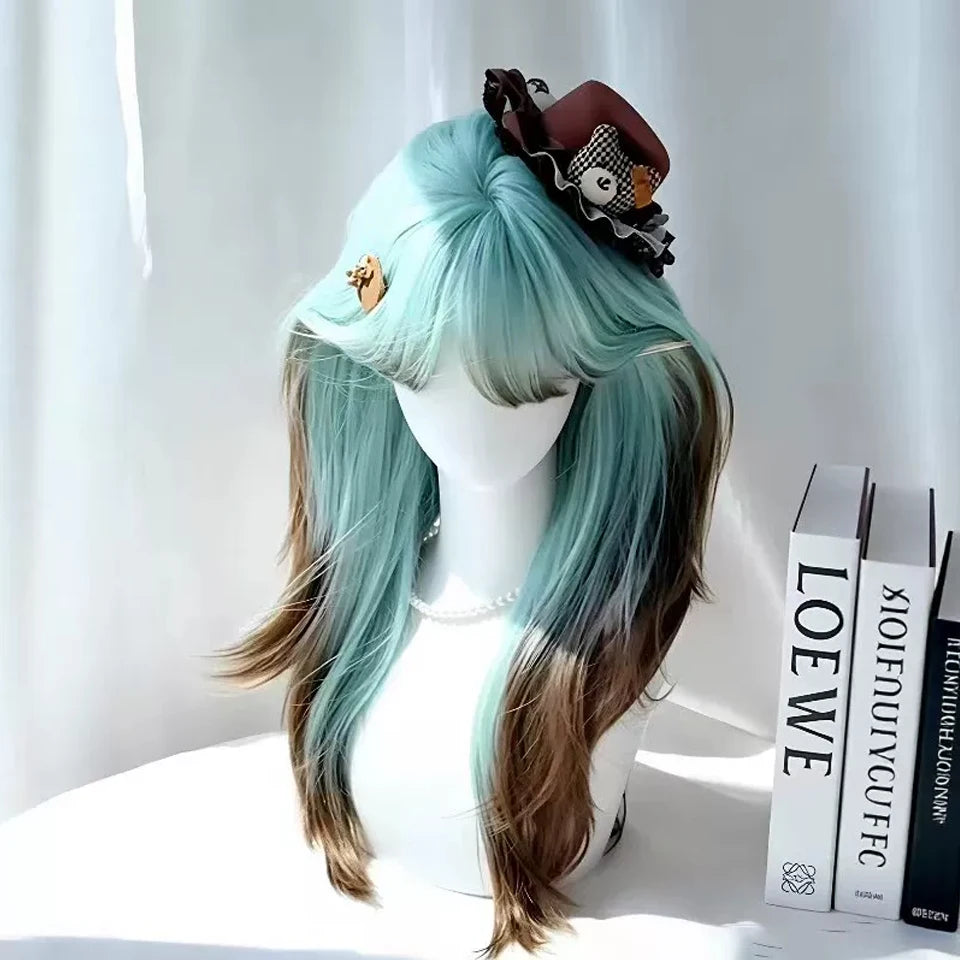 Ingvn - Long Straight Blue Ombre Brown Wig with Bangs Synthetic Natural Layered Lolita Wig Halloween Cosplay Costume Wig for Women