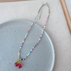 Ingvn  Korean Version Color Transparent Glass Cherry Pendant, Imitation Crystal Bead Sweet Necklace Jewelry For Girls' Parties