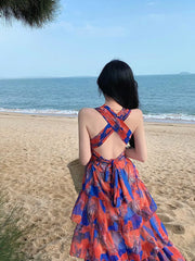 Ingvn  Sexy Floral Print Cascade Ruffles Hem Dress Women Halter Cross Tie Bow Backless Holiday Vocation Dresses Robe Korea Clothes