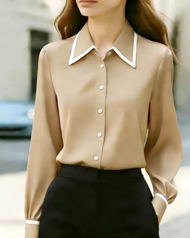 Ingvn  Women Long Sleeve Button Down Blouse Contrast Trim Collar Office Wear Shirt