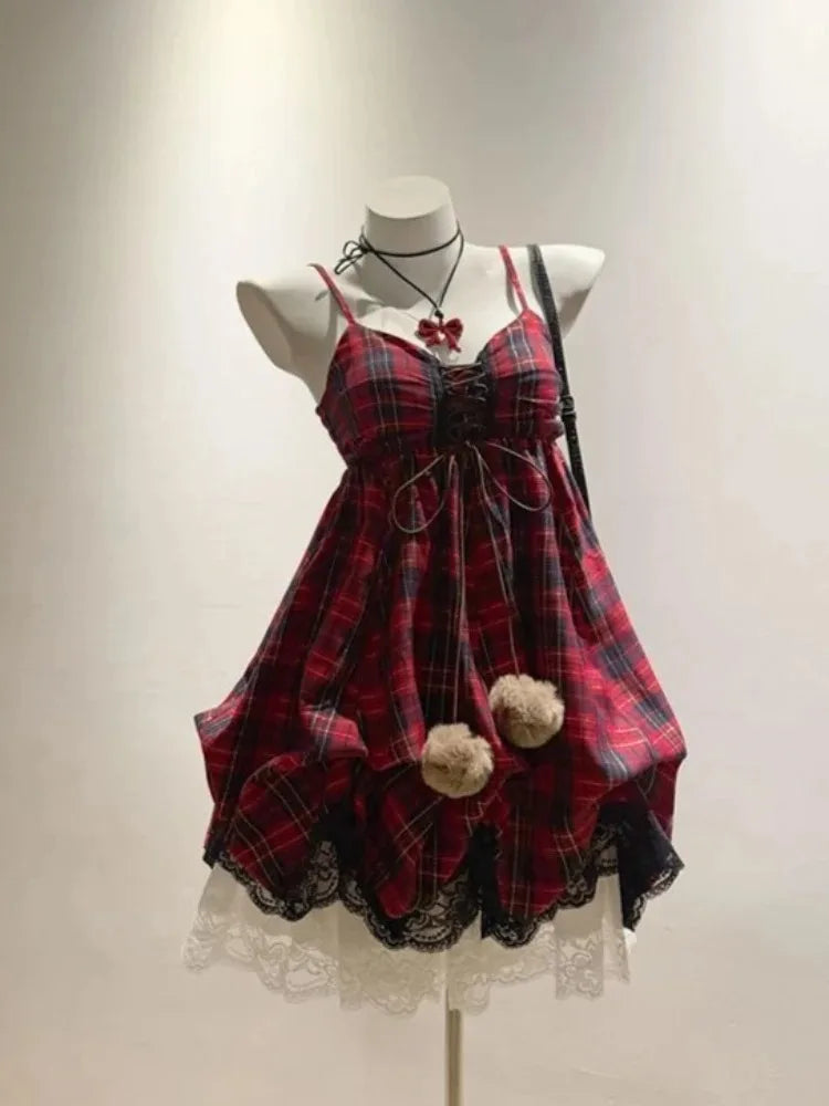 Ingvn  Y2K Vintage Sweet Bud Mini Dress Women Strap Cute Ruffle Dress Summer Casual Streetwear Party Outfits
