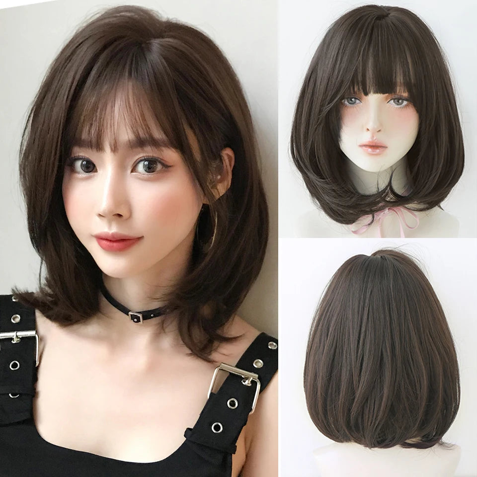 Ingvn  ﻿﻿Short Golden Brown Wig Synthetic Shoulder-Length Layered Straight Hair Lolita Wigs for Women Daily Party Cosplay Halloween Wig