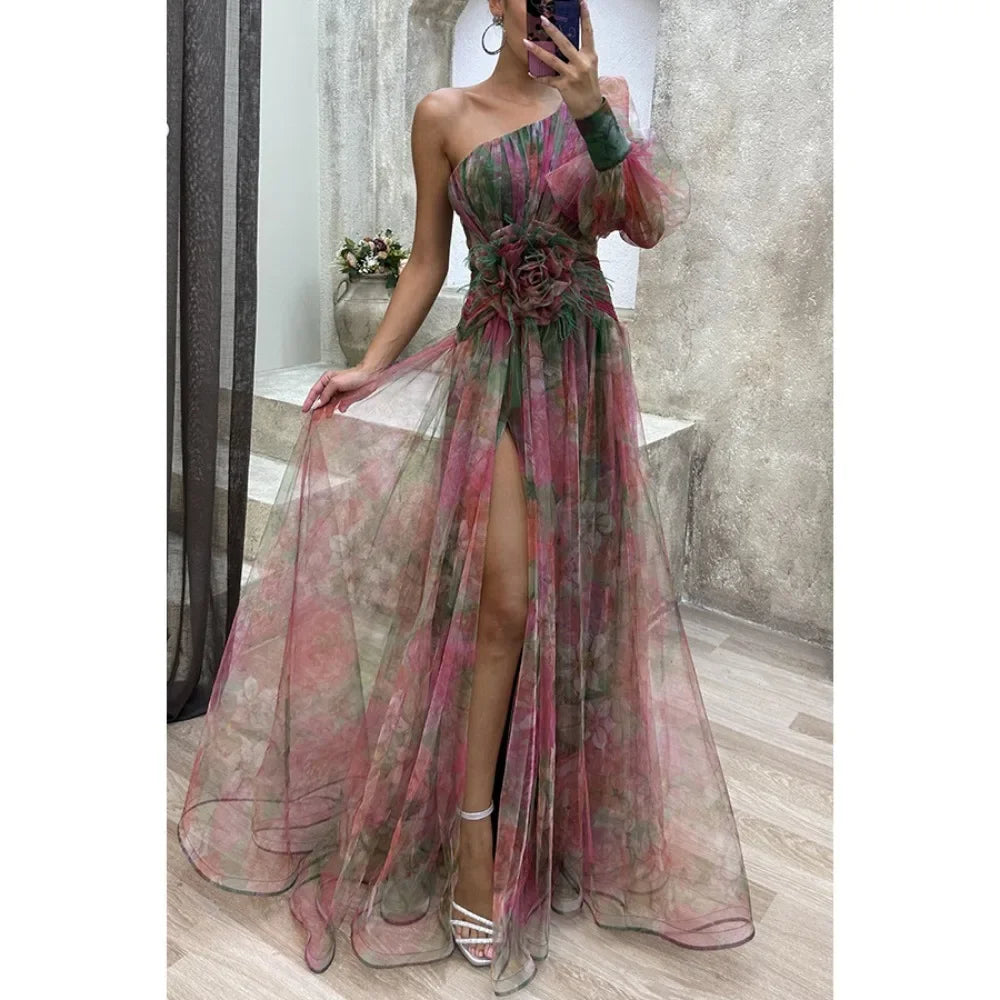 Ingvn  Women's Summer Fashion Casual Dress Slant Neck Off Shoulder Long Sleeve Mesh Dress Flower Waist Split Dress Holiday Party