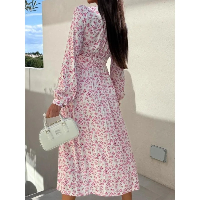 Ingvn  Women's Fashion V-neck Single Breasted Long Party Dress Ladies Casual Long Sleeve Floral Printed Comfortable Versatile Dress