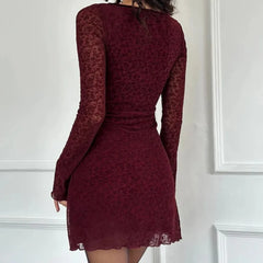 Ingvn  Sexy Wine red Flocking Flower Mesh Flare Sleeve Dress Woman Bow Square neck Package Hips A-line Mini Party Robe Bodycon
