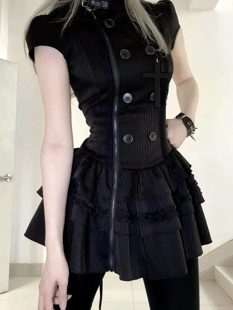 Ingvn  Y2K Aesthetic Harajuku Dress Women Vintage Slim Black Mini Dress Gothic Punk Female Daily