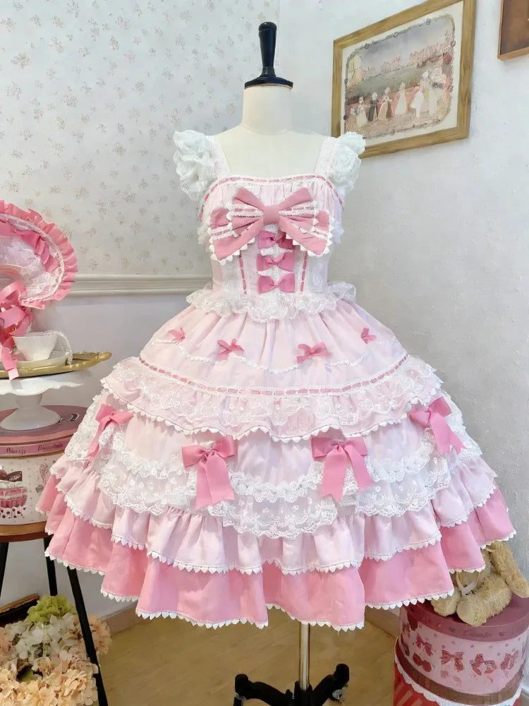 Ingvn  Japanese Harajuku Sweet Strap Lolita Dress Women Y2K Vintage Lace Bow Ruffle Cake dress Slim Bandage Summer Daily Stylish