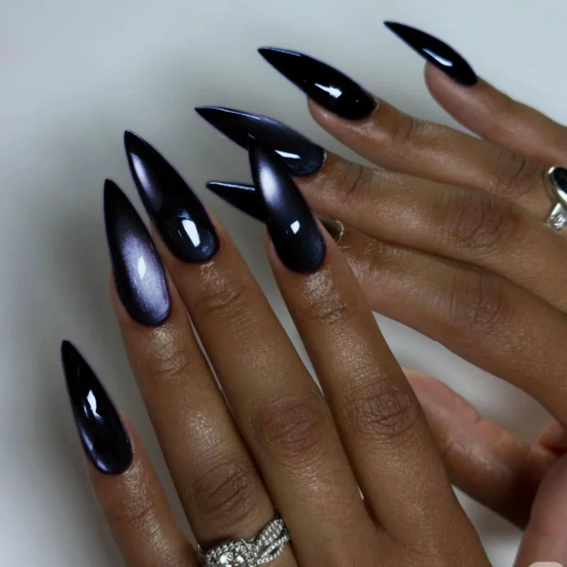 Ingvn  24Pcs Simple Solid Color White Press on Nails Long Style Almond False Silver Nails Fashion Cat's Eye Design Stiletto Nail Tips
