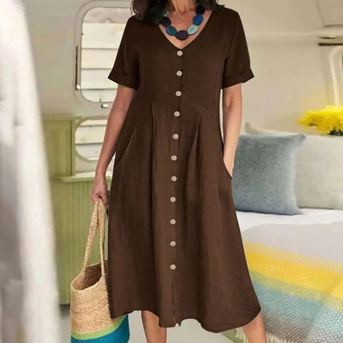 Ingvn  Spring Summer New Solid Color Loose High Waist Cotton Linen Dress